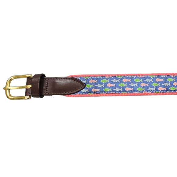 Vineyard Vines Fish Belt Men's Size 30 Leather Canvas Fabric Blue Pink Aquatic - Picture 3 of 15